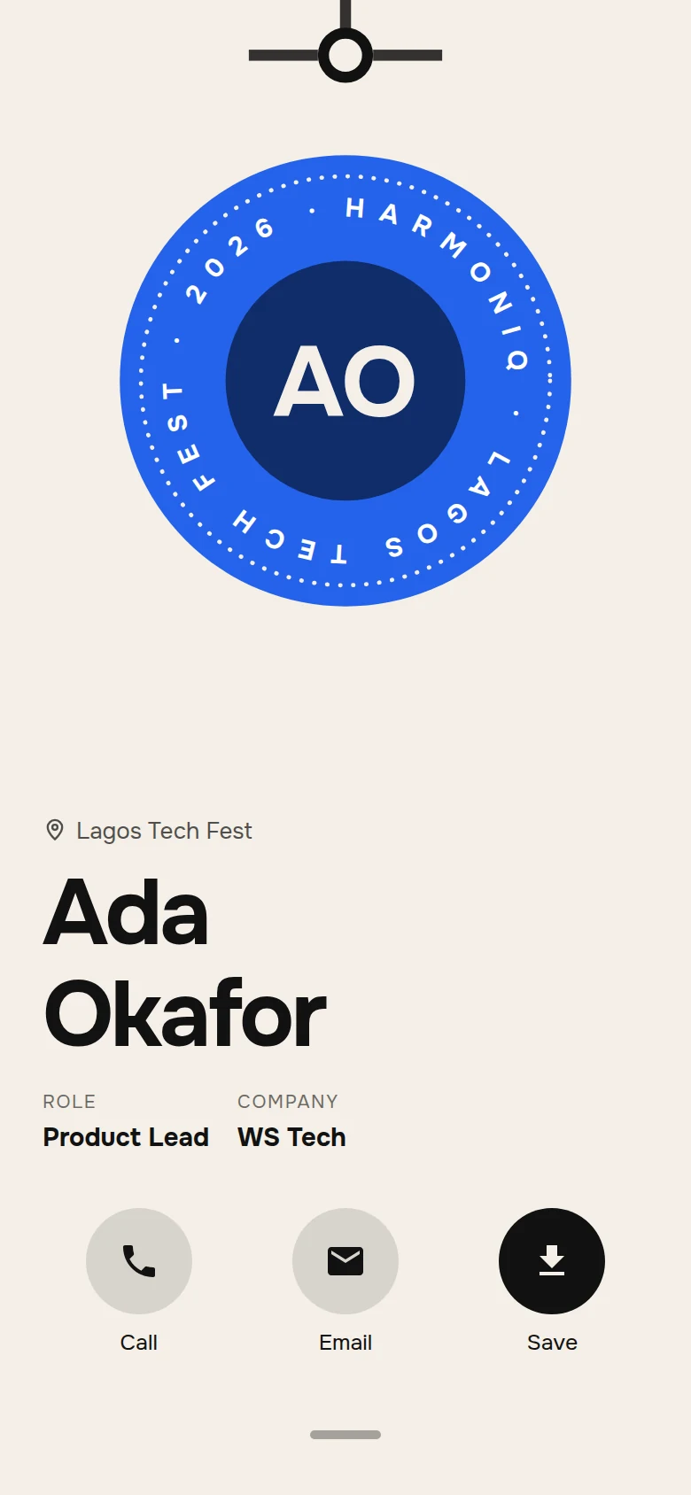 A Harmoniq card open in a phone browser: Ada Okafor, Product Lead at WS Tech, met at Lagos Tech Fest
